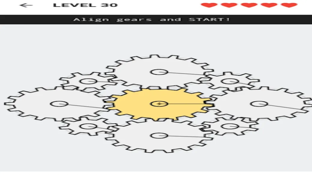 Nível de Gears – Machine Puzzle com engrenagens brancas por encaixar à volta de uma peça amarela