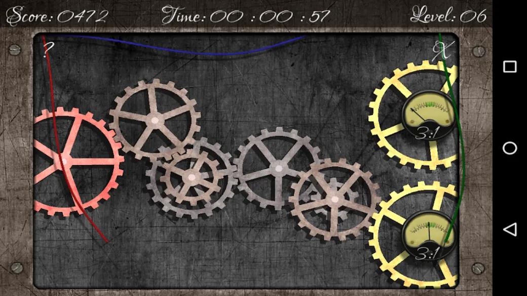 Tabuleiro de engrenagens ligadas por eixos coloridos em Spin Those Gears